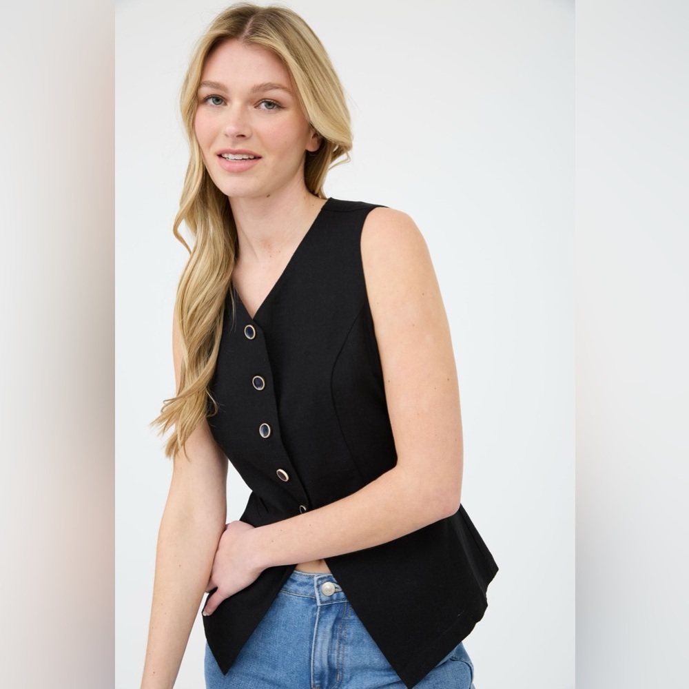 Blu Pepper/The Workshop Black Button Down Long Lined Linen Vest - Picture 4 of 4